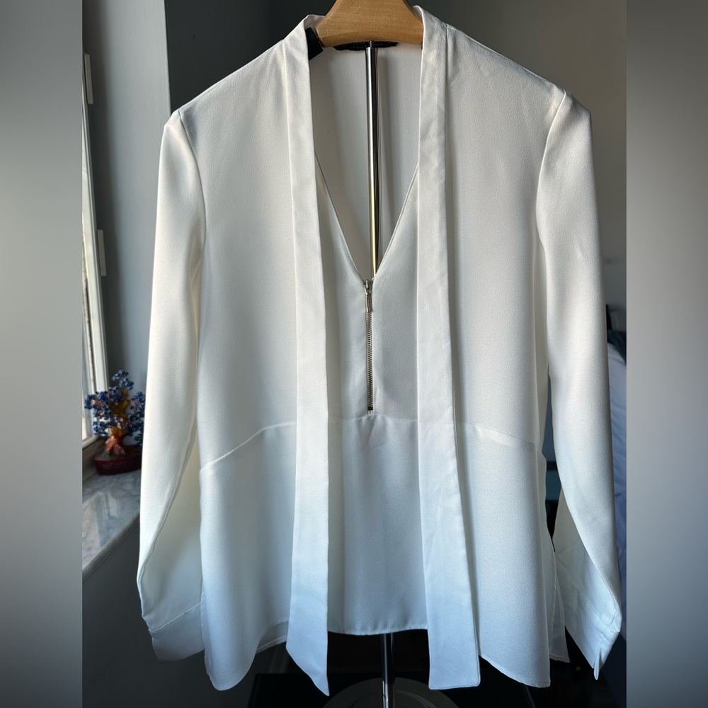 Zara White Draped Long Sleeve V-Neck Blouse